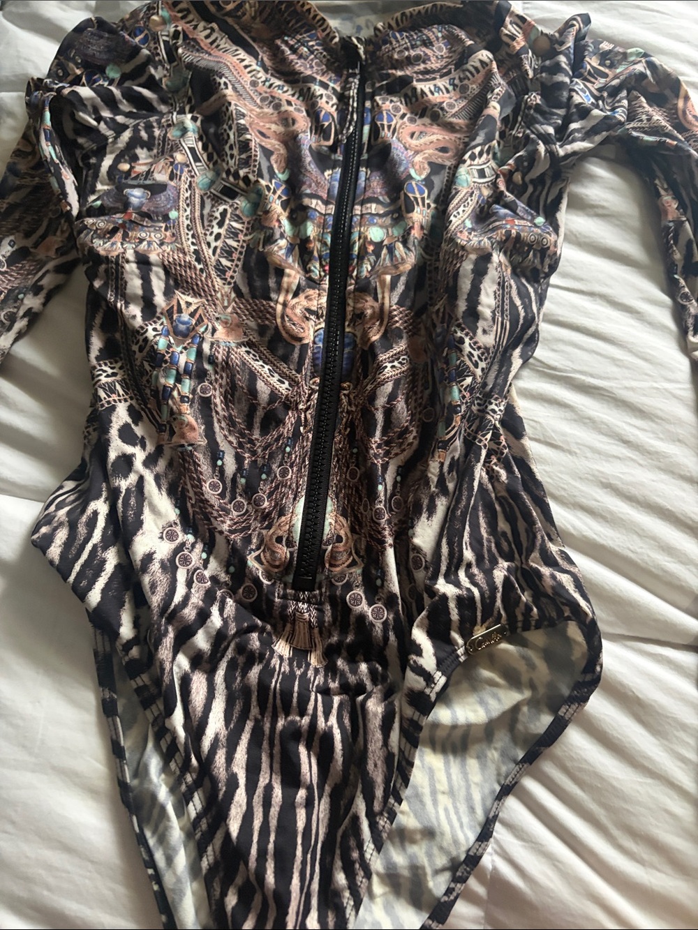 Camilla Black and Cream Patterned Long-Sleeve One-Piece Swimsuit with Front Zip